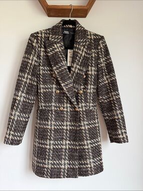 Zara Brown & Cream Plaid Double-Breasted Blazer Jacket